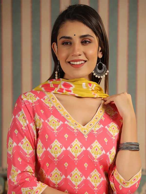 Pink printed kurti set with matching dupatta