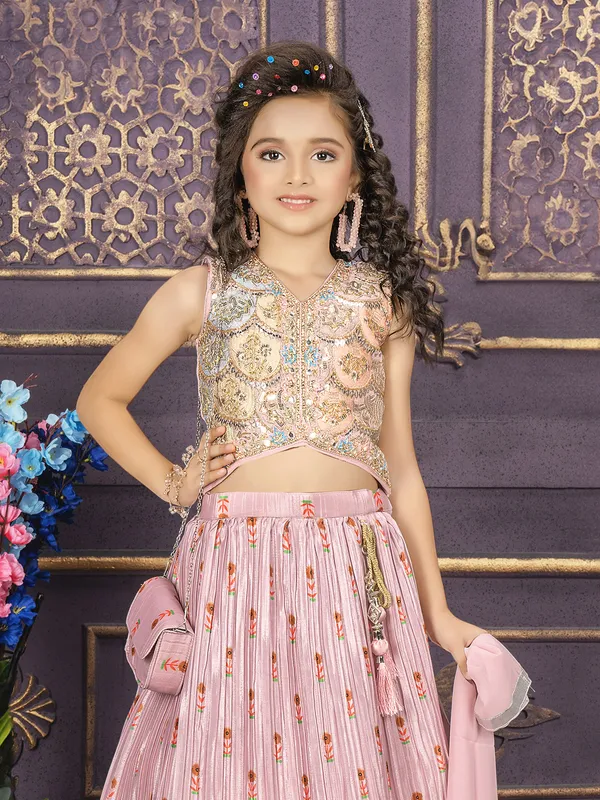 Pink printed lahenga choli in raw silk for girls