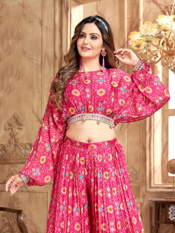Pink printed palazzo with crop top