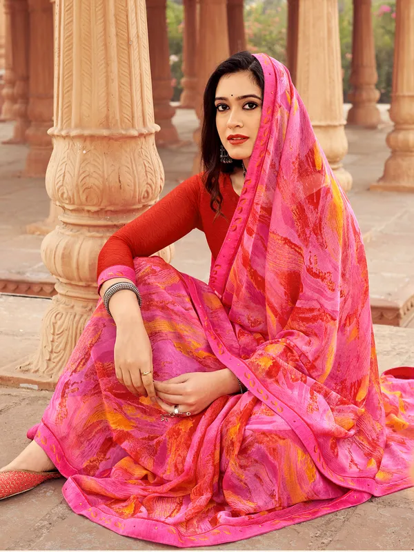 Pink printed saree in chiffon