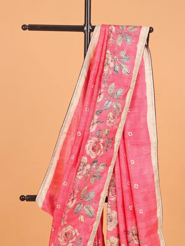 Pink printed saree in semi silk for women