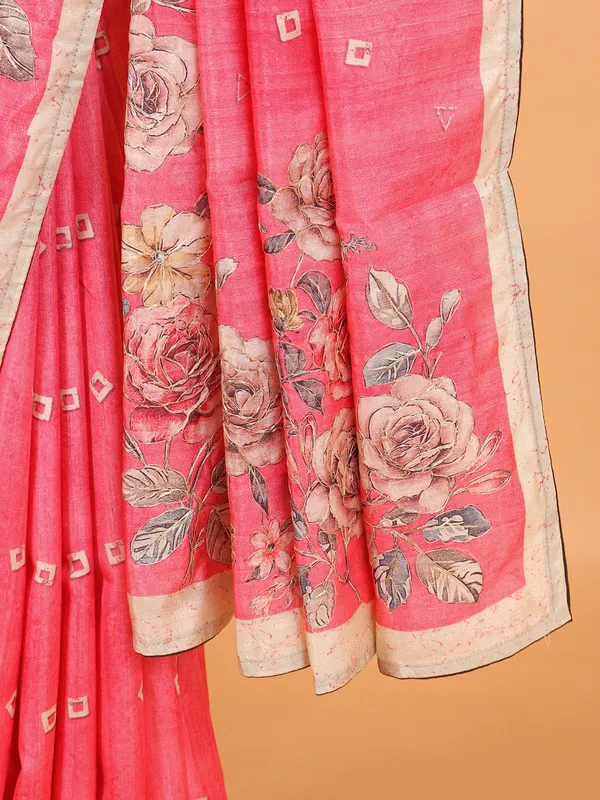 Pink printed saree in semi silk for women