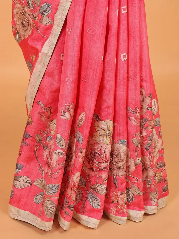 Pink printed saree in semi silk for women