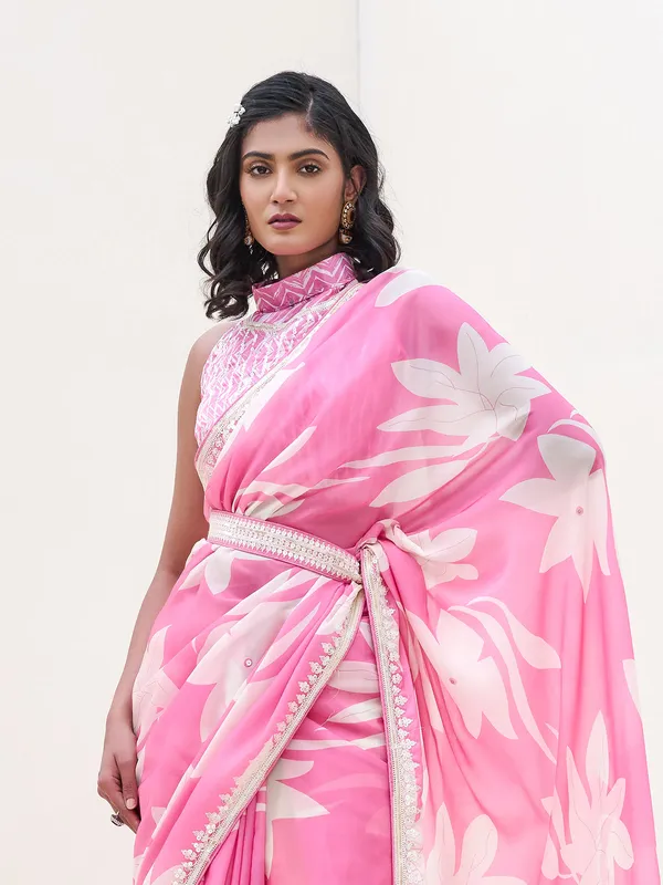 Classy pink printed satin saree