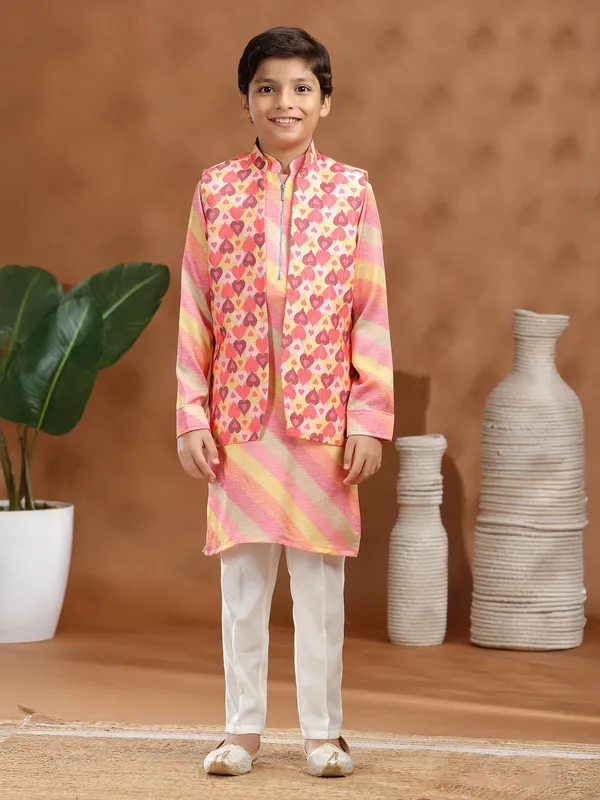 Pink printed silk boys waistcoat set for weddings