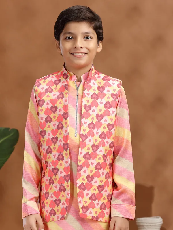 Pink printed silk boys waistcoat set for weddings