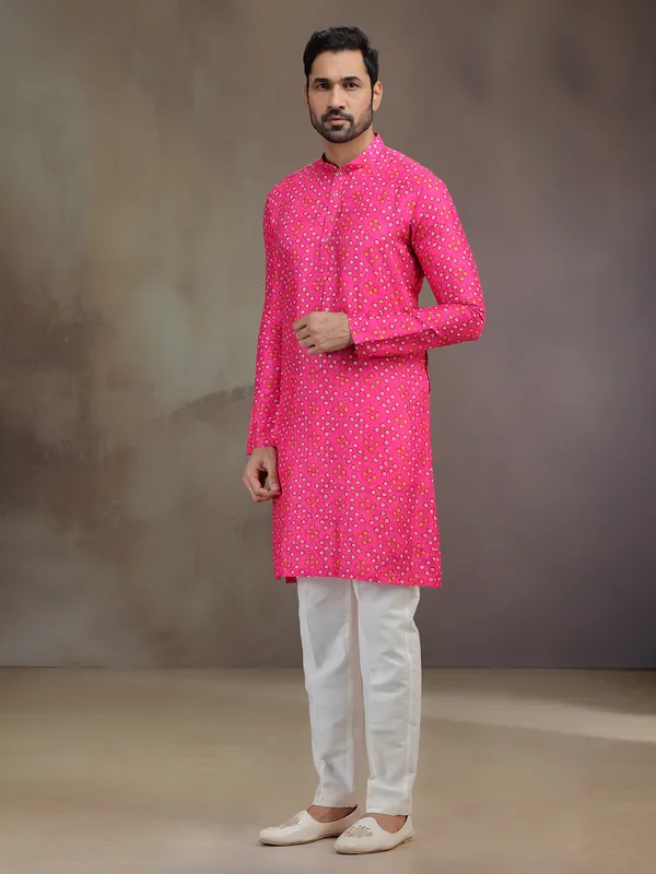 Pink printed silk kurta pajama for festival