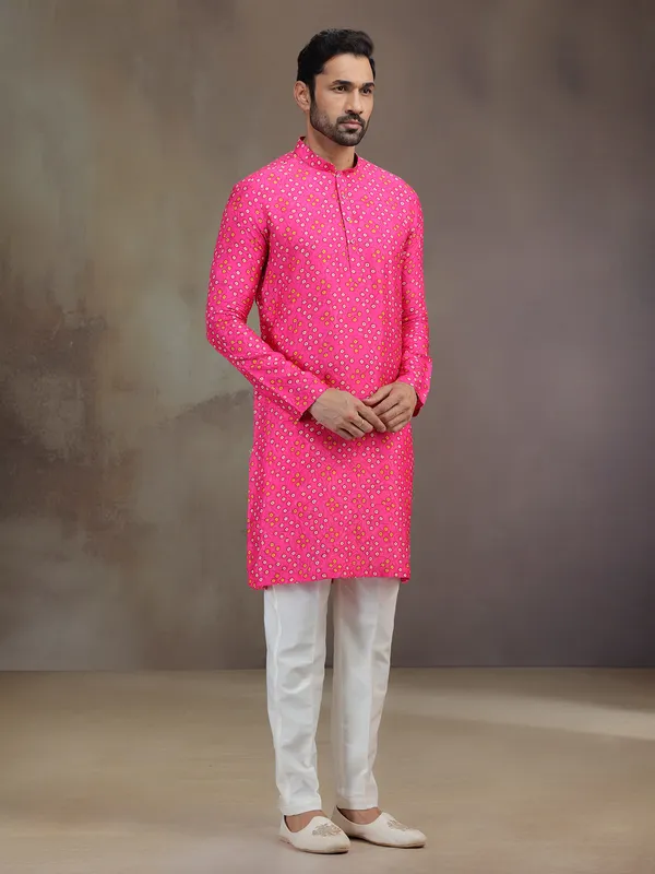 Pink printed silk kurta pajama for festival