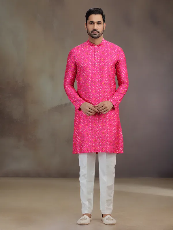 Pink printed silk kurta pajama for festival