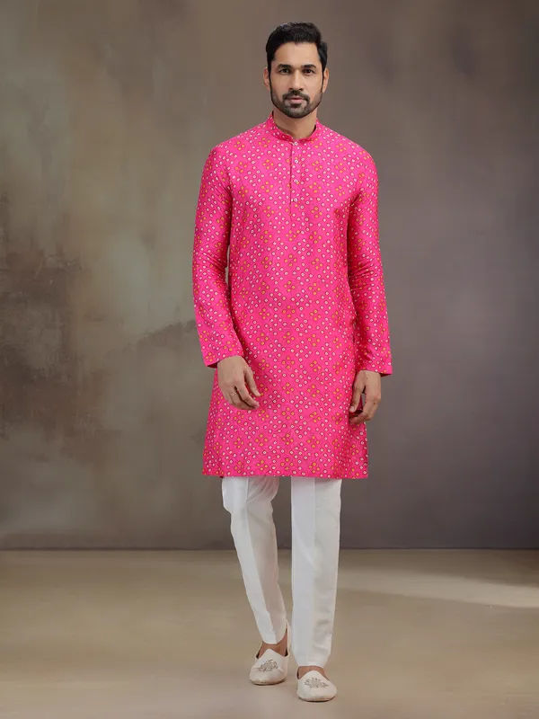 Pink printed silk kurta pajama for festival