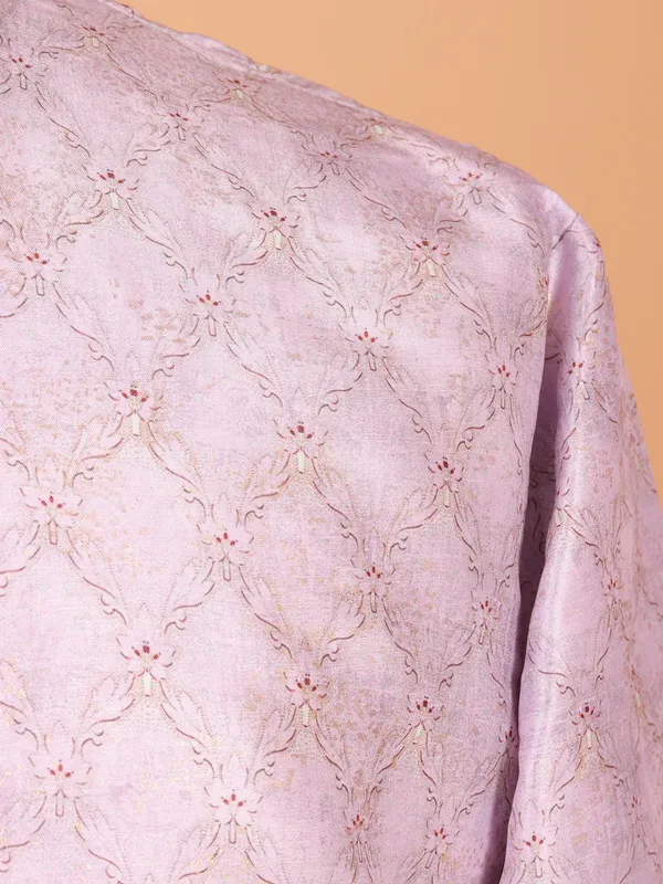 Pink printed silk kurta suit for men