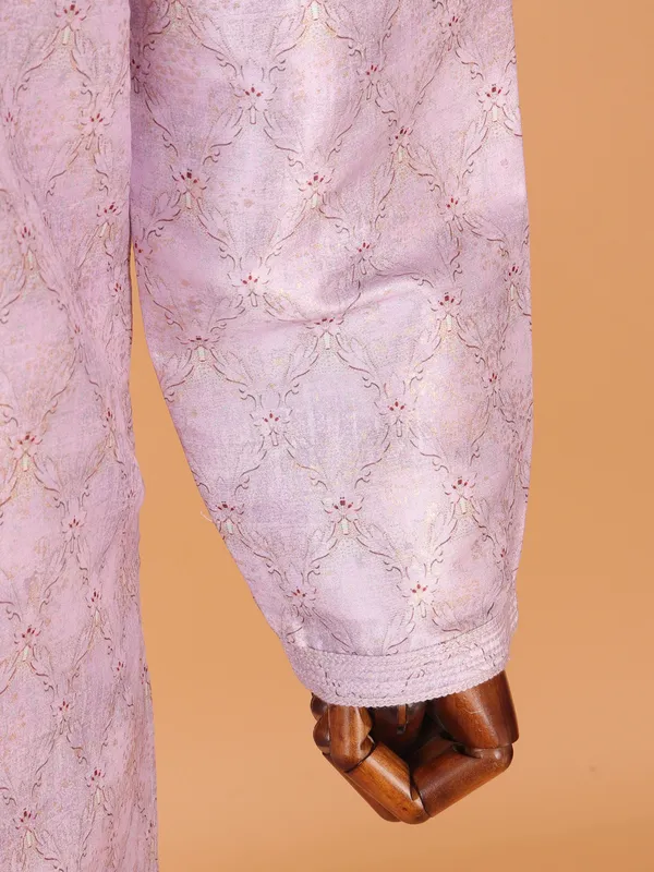 Pink printed silk kurta suit for men