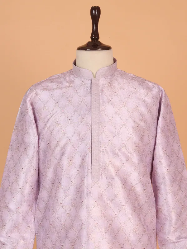 Pink printed silk kurta suit for men