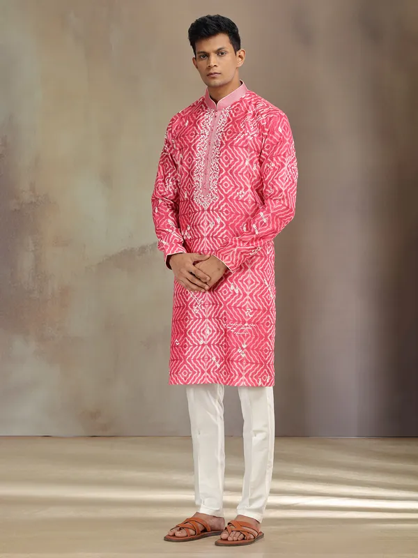 Pink printed silk kurta suit with aabla and thread work