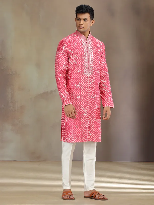 Pink printed silk kurta suit with aabla and thread work