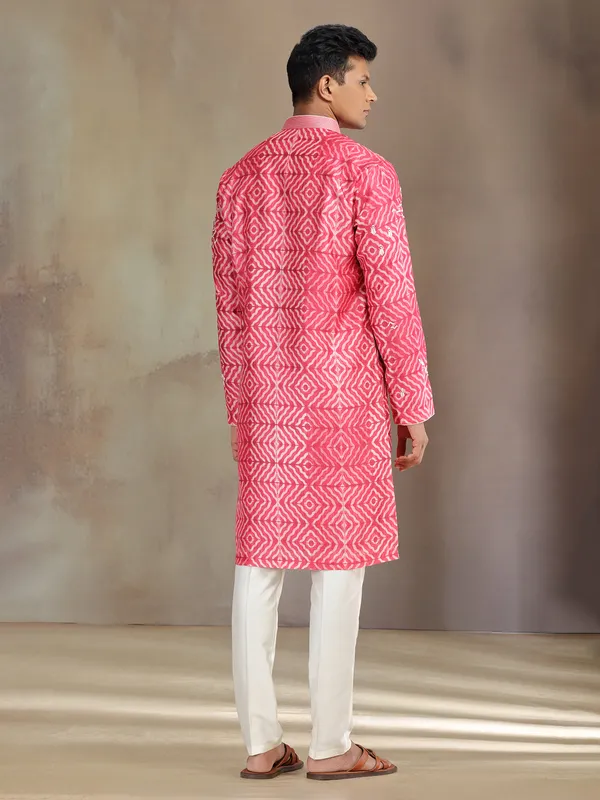 Pink printed silk kurta suit with aabla and thread work