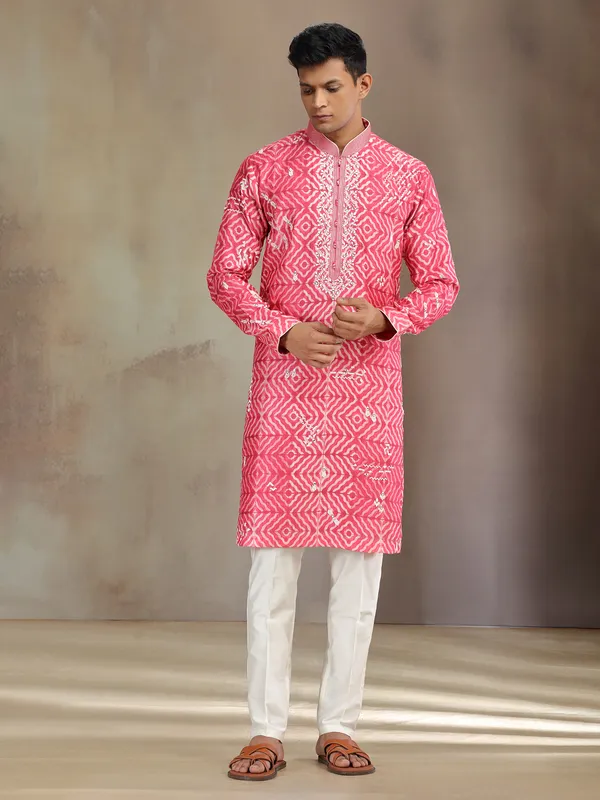 Pink printed silk kurta suit with aabla and thread work