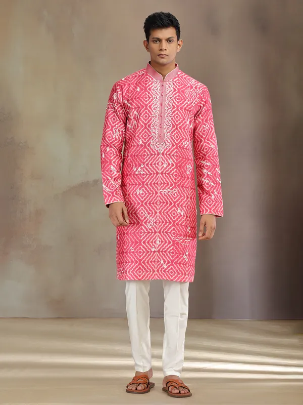 Pink printed silk kurta suit with aabla and thread work
