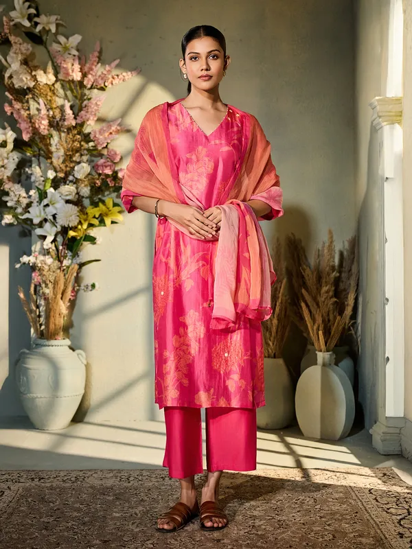 Pink printed silk kurti set for women festive wear