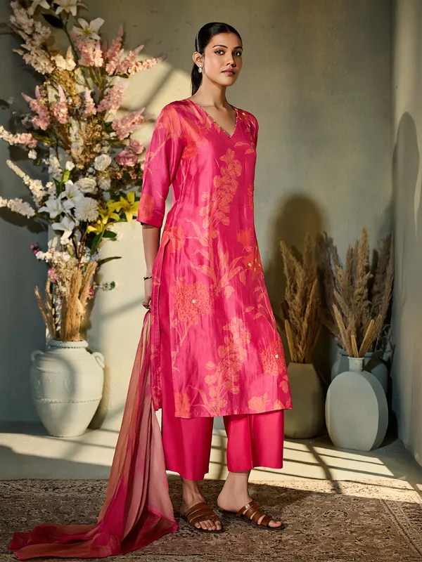 Pink printed silk kurti set for women festive wear