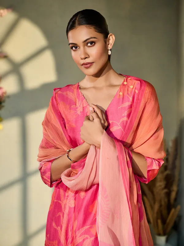 Pink printed silk kurti set for women festive wear