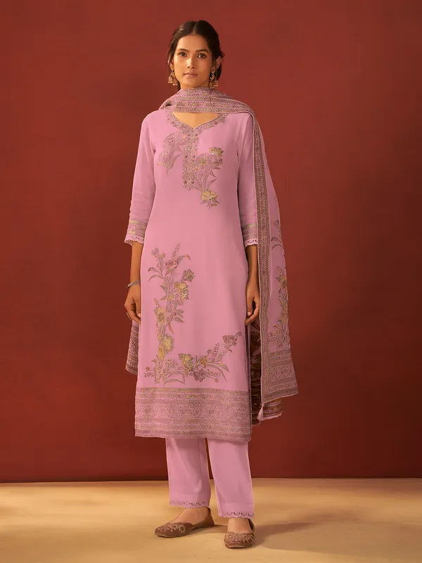 Pink printed silk kurti set with cutdana work