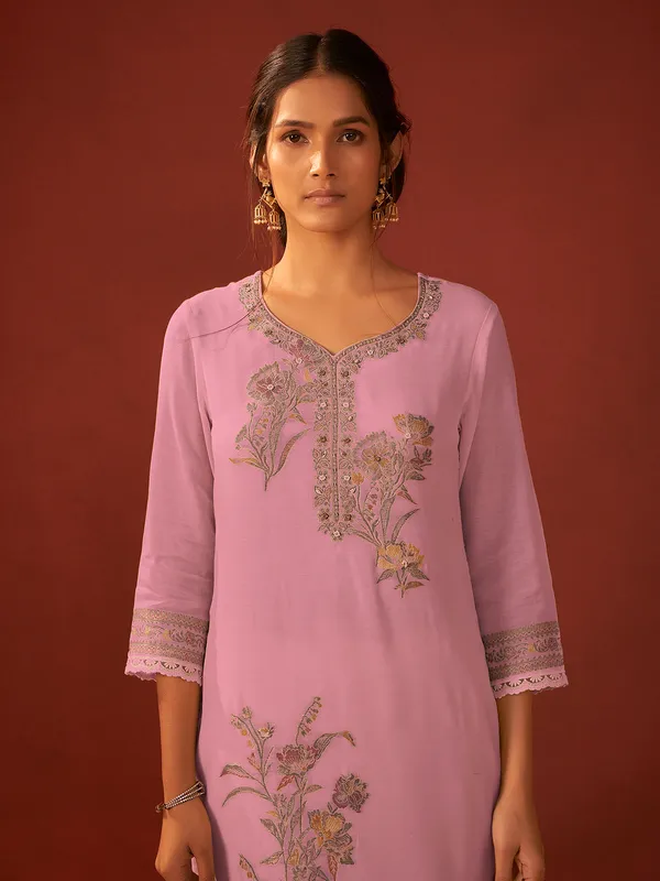 Pink printed silk kurti set with cutdana work