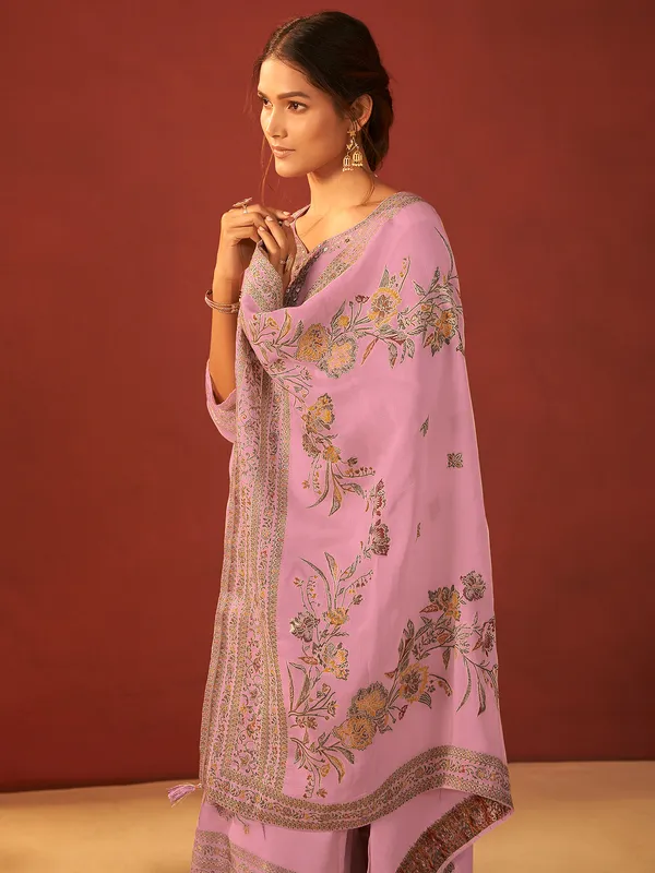 Pink printed silk kurti set with cutdana work