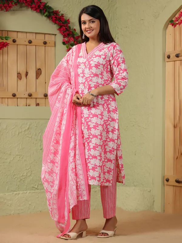 Pink printed silk kurti set with printed dupatta