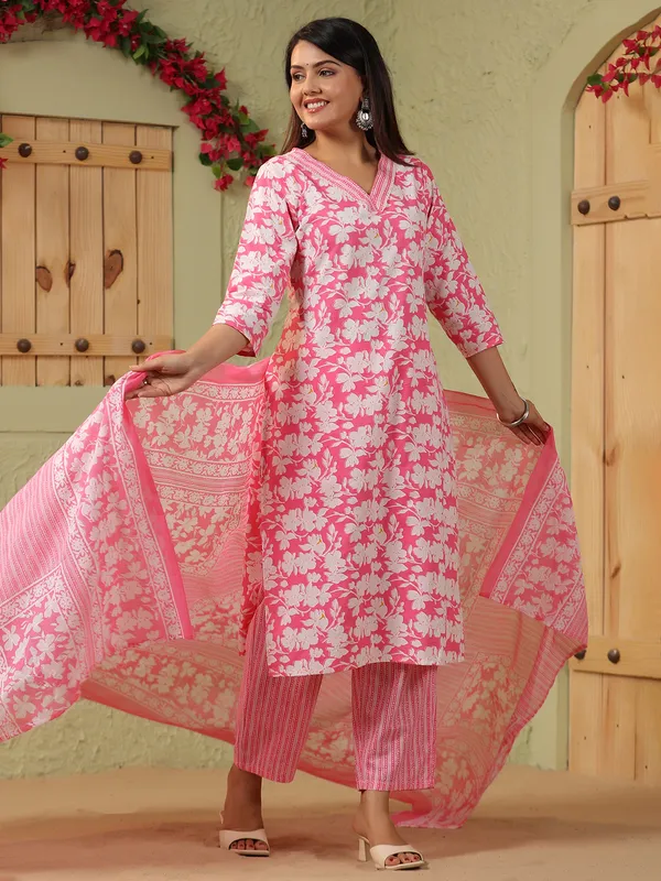 Pink printed silk kurti set with printed dupatta