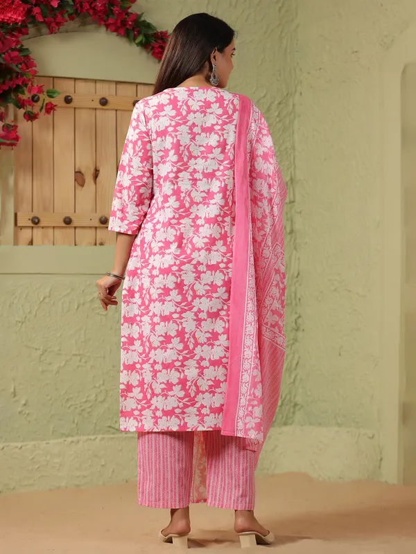 Pink printed silk kurti set with printed dupatta