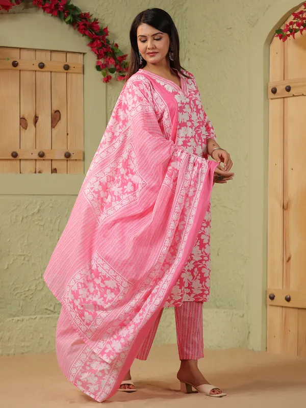 Pink printed silk kurti set with printed dupatta