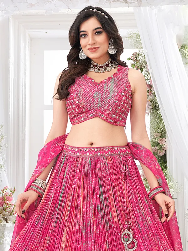 Pink printed silk lehenga choli with zari aabla