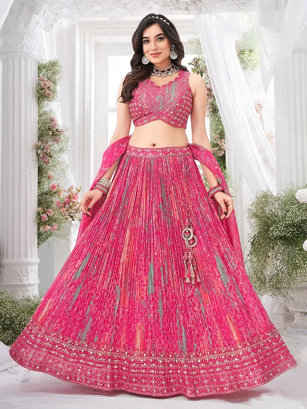 Pink printed silk lehenga choli with zari aabla