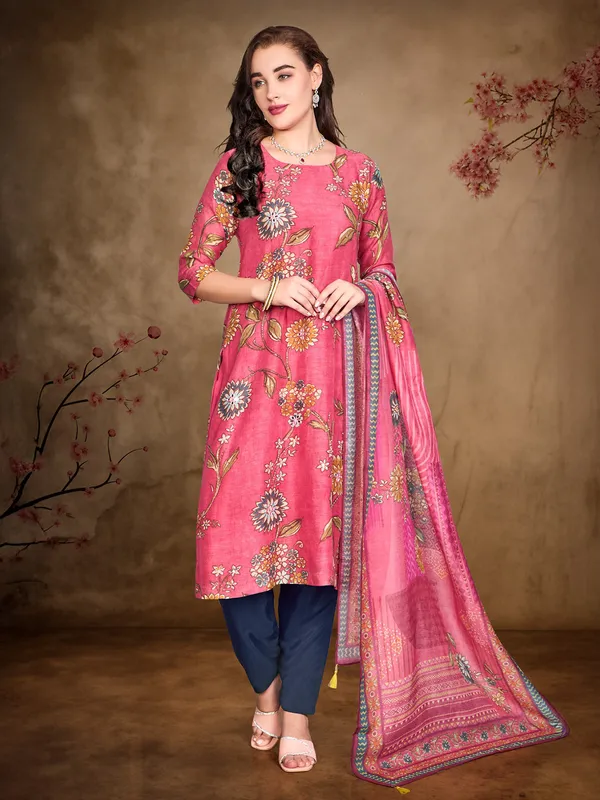 Pink printed silk salwar suit with dupatta for festive wear