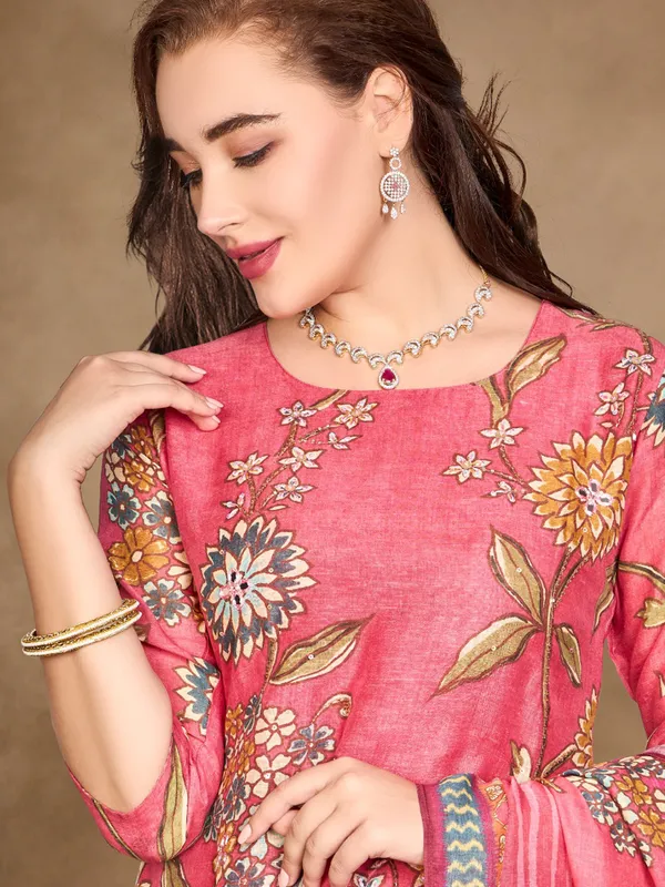 Pink printed silk salwar suit with dupatta for festive wear