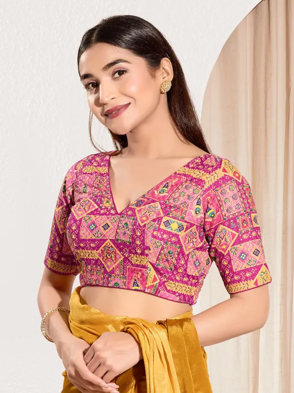 Pink printed viscose rayon ready made blouse