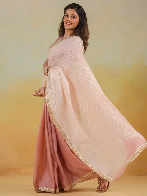 Pink printed wedding style tusser silk saree