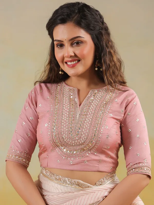 Pink printed wedding style tusser silk saree
