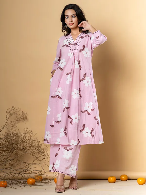 Pink printed women kurti set in cotton