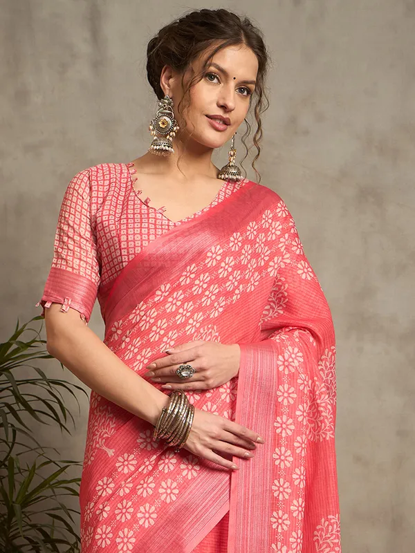Pink pure linen saree in printed