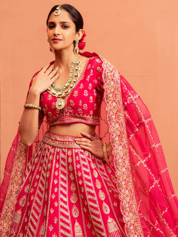 Pink raw silk lehenga choli for brides