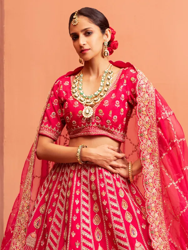 Pink raw silk lehenga choli for brides