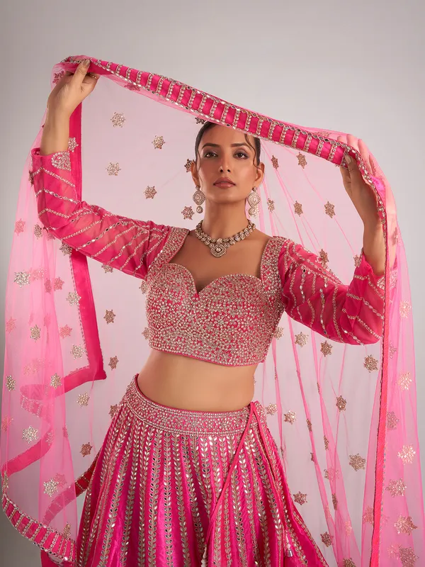 Pink raw silk lehenga choli with dupatta for women
