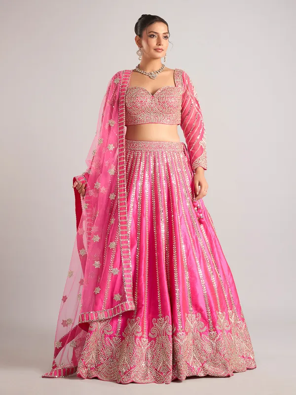 Pink raw silk lehenga choli with dupatta for women