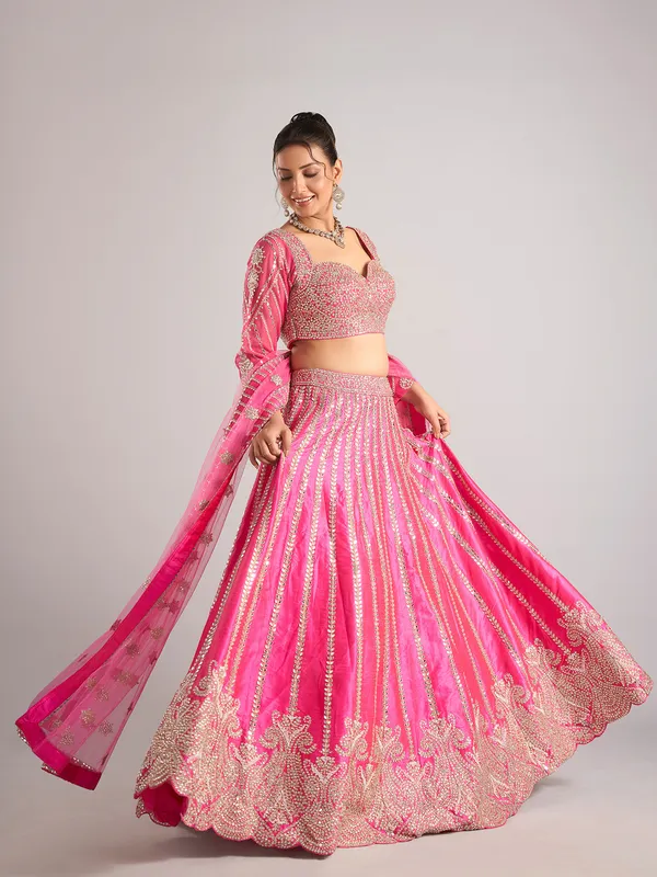 Pink raw silk lehenga choli with dupatta for women