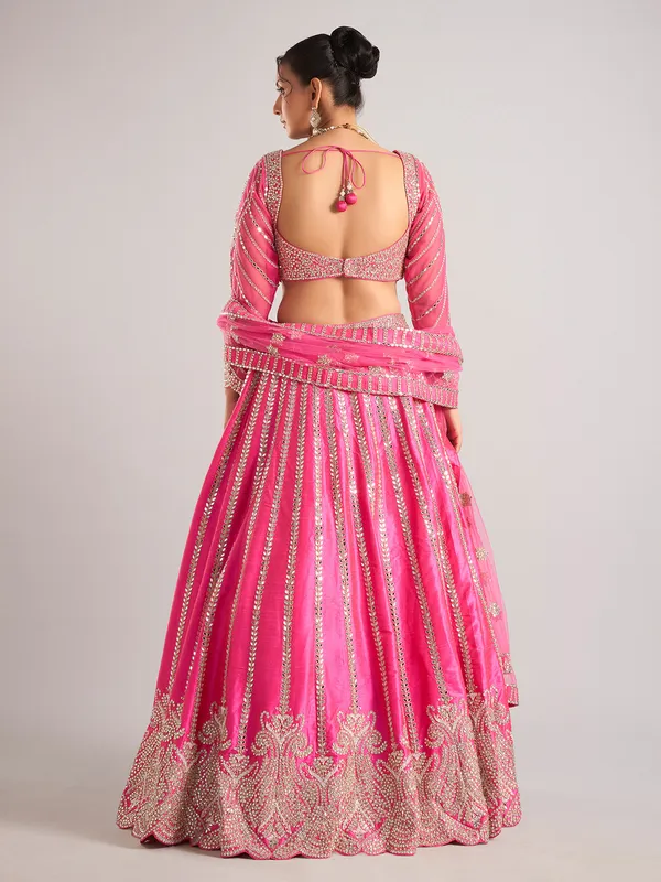 Pink raw silk lehenga choli with dupatta for women