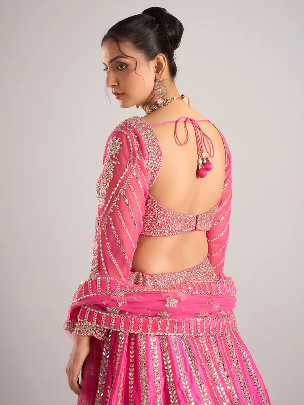 Pink raw silk lehenga choli with dupatta for women