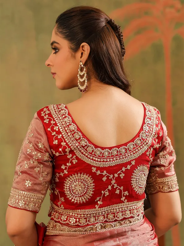 Pink red tissue silk saree for celebrations