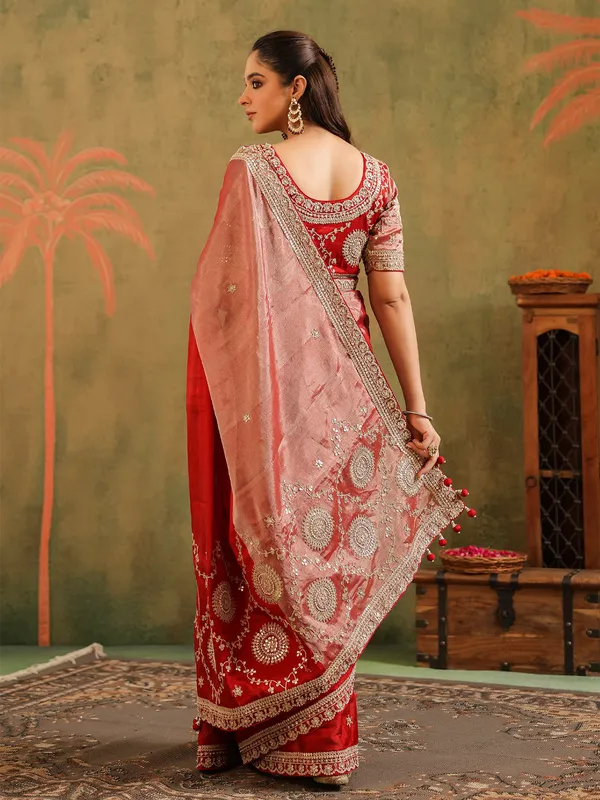 Pink red tissue silk saree for celebrations